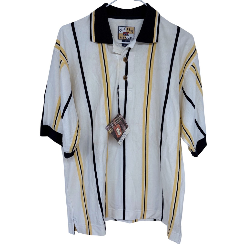 NEW Vintage Cutter &‎ Buck Vertical Stripe Polo Shirt Small 90s White Yellow
